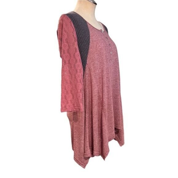 Umgee Shirt S Mixed Media Mauve Womens Sharkbite Lace‎ Sleeve Top Size Small - Picture 5 of 9